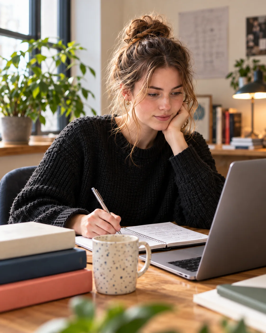 University student reviewing research notes beside a laptop